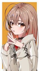 Rule 34 | 1girl, ahoge, berry, black choker, brown eyes, brown hair, brown hoodie, choker, earrings, food-themed earrings, highres, hololive, hololive english, hood, hoodie, jewelry, long hair, mouchu, multicolored hair, nanashi mumei, nanashi mumei (casual), necklace, official alternate costume, open mouth, oversized clothes, own hands together, red shirt, shirt, simple background, streaked hair, virtual youtuber