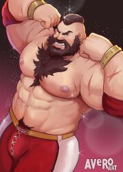 Rule 34 | 1boy, abs, absurdres, avero art, bara, beard, bulge, cross-laced clothes, cross-laced legwear, double biceps pose, excessive pubic hair, facial hair, flexing, from above, full beard, highres, huge pectorals, large hands, looking at viewer, male focus, male pubic hair, mature male, muscular, muscular male, navel, nipples, official alternate costume, original, pubic hair, pubic hair peek, scar, short hair, solo, sparkling aura, stomach, street fighter, street fighter 6, strongman waist, thick arms, thick beard, thick chest hair, thick eyebrows, thick mustache, thick thighs, thighs, topless male, v-shaped eyebrows, veiny face, zangief