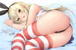 Rule 34 | 1girl, ass, bare shoulders, black panties, blonde hair, blush, cameltoe, grey eyes, hairband, jewelry, kantai collection, long hair, looking at viewer, lying, microskirt, on side, open mouth, panties, ring, sailor collar, school uniform, shimakaze (kancolle), skindentation, skirt, smile, solo, striped clothes, striped thighhighs, thighhighs, torimaru, underwear, wedding band