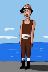 Rule 34 | 1boy, afro, april fools, arms at sides, beanie, black eyes, black footwear, black hair, blue sky, boots, brown pants, brown tank top, cloud, collarbone, full body, goggles, goggles on head, hat, highres, long nose, looking at viewer, ocean, one piece, outdoors, pants, sash, sattou, serious, sky, solo, standing, tank top, thick lips, usopp, v-shaped eyebrows, white sash
