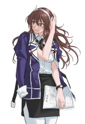 Rule 34 | 1girl, ashigara (kancolle), ashigara kai ni (kancolle), black skirt, brown eyes, brown hair, clothes on shoulders, commentary request, cowboy shot, fake horns, hairband, highres, horned headwear, horns, jewelry, kantai collection, long hair, looking back, marriage certificate (object), military, military uniform, pantyhose, pencil skirt, ring, simple background, skirt, solo, sozan, standing, uniform, watch, wavy hair, wedding band, white background, white pantyhose, wristwatch
