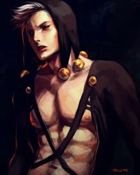 Rule 34 | 1boy, abs, artist name, bare pectorals, black sclera, colored sclera, hat, highres, jojo no kimyou na bouken, male focus, meron nouka, muscular, navel, nipples, pectorals, red eyes, risotto nero, signature, silver hair, solo, upper body