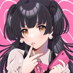 Rule 34 | 1girl, black hair, blunt bangs, blush, brown eyes, cellphone, dot nose, earrings, holding, holding phone, idolmaster, idolmaster shiny colors, jewelry, long hair, looking at viewer, mayuzumi fuyuko, misogi ria, open mouth, phone, pink background, pink nails, pink ribbon, ribbon, shirt, short sleeves, simple background, smartphone, solo, two side up, v, white shirt