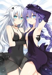 Rule 34 | 2girls, armpits, black dress, black heart (neptunia), blue eyes, blush, braid, breasts, cleavage, covered navel, dress, earrings, elbow gloves, gloves, green eyes, hair ornament, hand up, highres, jewelry, long hair, looking at viewer, medium breasts, multiple girls, neptune (neptunia), neptune (series), noire (neptunia), power symbol, power symbol-shaped pupils, purple hair, purple heart (goddesses&#039; promise), purple heart (neptunia), ribbon, symbol-shaped pupils, twin braids, very long hair, white hair, zero (ray 0805)