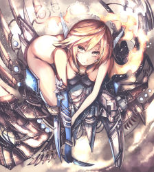 Rule 34 | 1girl, absurdres, ass, black gloves, blazblue, blonde hair, elbow gloves, gloves, highres, knife, kyuu (plastic night q), looking at viewer, machinery, mu-12, nude, single glove, solo, yellow eyes