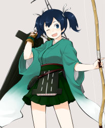 Rule 34 | 10s, 1girl, ;p, archery, blue eyes, blue hair, blush, bow (weapon), breasts, gloves, japanese clothes, kantai collection, kyuudou, large breasts, matching hair/eyes, one eye closed, open mouth, partially fingerless gloves, partly fingerless gloves, personification, quiver, ribbon, sakumo (karatama), short hair, single glove, skirt, smile, solo, souryuu (kancolle), tongue, tongue out, twintails, weapon, wide sleeves, wink, yugake