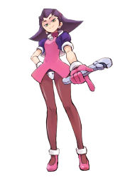 Rule 34 | 1girl, breasts, brown hair, crotch plate, earrings, gloves, green eyes, hair slicked back, hairband, jewelry, mega man (series), mega man legends (series), pantyhose, pink hairband, short hair, simple background, solo, standing, tron bonne (mega man), tsunemi aosa, white background, wrench