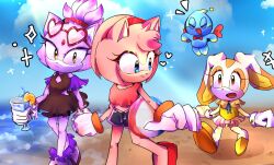 Rule 34 | 3girls, amy rose, animal ears, beach, blaze the cat, blue sky, brown eyes, cat ears, cat girl, cheese (sonic), cream the rabbit, drink, eve sonic, eyewear on head, forehead jewel, furry, furry female, gloves, heart, hedgehog girl, highres, holding, holding drink, multiple girls, open mouth, pink fur, purple fur, rabbit ears, rabbit girl, sky, smile, sonic (series), topknot, white gloves, yellow eyes