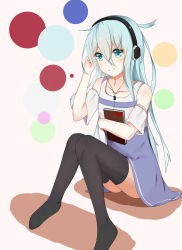 Rule 34 | 10s, 1girl, alternate costume, aqua eyes, black thighhighs, blue hair, book, casual, detached sleeves, dress, headphones, hibiki (kancolle), highres, holding, holding book, kantai collection, l (twintilde), over-kneehighs, sitting, sketch, smile, solo, thighhighs, verniy (kancolle)