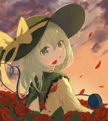 Rule 34 | 1girl, absurdres, bad id, bad pixiv id, black hat, blouse, bow, chinese commentary, cloud, cloudy sky, commentary, dusk, falling petals, flower, frilled shirt collar, frills, from behind, green eyes, green hair, gu0st, hair between eyes, hat, hat bow, hat ribbon, heart, heart of string, highres, komeiji koishi, leaf, long sleeves, looking at viewer, looking back, medium hair, parted lips, petals, red flower, red rose, ribbon, rose, shirt, sky, solo, third eye, touhou, upper body, yellow bow, yellow ribbon, yellow shirt