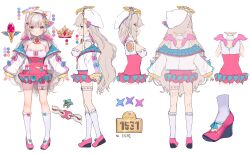 Rule 34 | 1girl, absurdres, arms at sides, bow, breasts, character sheet, cleavage, cleavage cutout, clothing cutout, color guide, feathered wings, footwear bow, from side, grey hair, halo, hanahane homari, hat, high-waist skirt, highres, indie virtual youtuber, jacket, kneehighs, long hair, medium breasts, multiple views, off shoulder, open clothes, open jacket, pink footwear, pink skirt, pink wings, platform footwear, shindou kamichi, shirt, shoes, simple background, skirt, sleeveless, sleeveless shirt, bow legwear, socks, thigh strap, turnaround, two-sided fabric, two-sided jacket, two-sided skirt, virtual youtuber, white background, white headwear, white jacket, white shirt, white socks, wings, x-ray