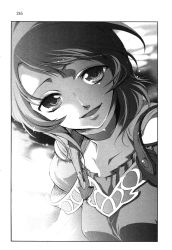 Rule 34 | 1girl, :d, choker, collarbone, densetsu no yuusha no densetsu, greyscale, highres, kiefer knolles, looking at viewer, monochrome, novel illustration, official art, open mouth, page number, scar, short hair, smile, solo, swept bangs, toyota saori, upper body