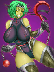 Rule 34 | 1girl, black sclera, bodysuit, breasts, cameltoe, chain, colored sclera, colored skin, fangs, fishnets, gradient background, green hair, grin, highres, horns, huge breasts, impossible clothes, impossible leotard, kusarigama, leotard, looking at viewer, monster girl, ninja, no bra, purple background, short hair, sickle, simple background, smile, weapon, yellow eyes, yellow skin