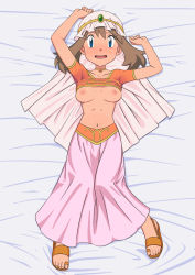 Rule 34 | 1girl, absurdres, arabian clothes, bed sheet, blue eyes, blush, breasts, brown hair, choker, clenched hands, clothes lift, collarbone, commentary request, creatures (company), eyelashes, from above, full body, game freak, highres, knees together feet apart, looking at viewer, lying, may (pokemon), medium hair, miraa (chikurin), navel, nervous smile, nintendo, nipples, on back, open mouth, orange shirt, pink skirt, pokemon, pokemon (anime), pokemon dppt (anime), sandals, shirt, shirt lift, short sleeves, skirt, smile, solo, sweat, toes, tongue