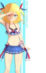 Rule 34 | 1girl, ;q, absurdres, ahoge, arm up, azur lane, bare shoulders, bikini, bikini under clothes, black bikini, blonde hair, blue background, blue bow, blue eyes, blue ribbon, blue skirt, blush, bow, character doll, character name, closed mouth, collarbone, commentary request, flower bracelet, gridley (azur lane), hair between eyes, hair ribbon, highleg, highleg bikini, highres, navel, one eye closed, pleated skirt, red bow, red ribbon, ribbon, saratoga (azur lane), shading eyes, skirt, smile, solo, swimsuit, tongue, tongue out, two-tone background, two side up, white background, yuujoduelist