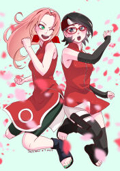 Rule 34 | 2023, 2girls, absurdres, artist name, black eyes, blush, boruto: naruto next generations, cherry blossoms, dated, detached sleeves, female focus, forehead protector, glasses, green eyes, green nails, hairband, haruno sakura, headband, highres, holster, long hair, mother and daughter, multiple girls, nail polish, naruto, naruto (series), one eye closed, open mouth, petals, pink hair, red-framed eyewear, shikiwo, short hair, short shorts, shorts, sleeveless, smile, teeth, thigh holster, thigh strap, thighhighs, time paradox, toeless footwear, toenail polish, toenails, uchiha sarada, upper teeth only, wink