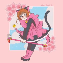 Rule 34 | 1girl, alicia rose, animal ears, antenna hair, artist name, bell, cardcaptor sakura, cherry blossoms, cloud, commentary, dress, english commentary, fake animal ears, fake tail, frilled dress, frills, full body, holding, holding wand, jingle bell, kinomoto sakura, light brown hair, long sleeves, looking to the side, pink dress, pink footwear, short hair, smile, solo, tail, wand