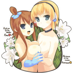 Rule 34 | 2girls, asymmetrical docking, blonde hair, blue eyes, breast press, breasts, brown hair, choker, cleavage, colored, creatures (company), elesa (pokemon), flower, game freak, gloves, gym leader, headphones, heart, holding hands, huyu-mix, kurona (huyu-mix), large breasts, lily (flower), multiple girls, nintendo, nude, open mouth, pixiv thumbnail, pokemon, pokemon bw, red hair, resized, side ponytail, simple background, skyla (pokemon), smile, star, symmetrical docking, tanno shii, yuri