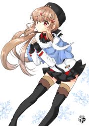 Rule 34 | 1girl, anchor necklace, artist logo, black bow, black footwear, black gloves, black hat, black skirt, blue shawl, boots, bow, brown hair, brown thighhighs, chize, fingerless gloves, fur hat, gloves, hair bow, hat, jacket, jewelry, kantai collection, long hair, looking at viewer, low twintails, necklace, pantyhose, papakha, red eyes, ribbon trim, scarf, shawl, skirt, smile, solo, star (symbol), tashkent (kancolle), thigh boots, thighhighs, thighhighs under boots, torn clothes, torn scarf, twintails, white background, white jacket, white scarf