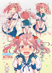 Rule 34 | 1girl, 1other, anger vein, anniversary, blue sailor collar, blue skirt, blush, cherry blossoms, dated, hair between eyes, hair bobbles, hair ornament, kantai collection, multiple views, nacht (nacht 01), one eye closed, open mouth, pet, pink eyes, pink hair, pleated skirt, rabbit, sailor collar, sazanami (kancolle), school uniform, serafuku, short hair, short sleeves, skirt, smile, tongue, tongue out, translation request, twintails, twitter username