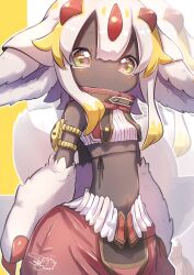Rule 34 | 1girl, :o, alternate costume, bandam, black skin, blonde hair, blush, claws, colored skin, crop top, extra arms, faputa, female focus, green eyes, high collar, highres, made in abyss, monster girl, multicolored hair, multiple tails, navel, pants, sidelocks, signature, sleeveless, solo, tail, white fur, white hair