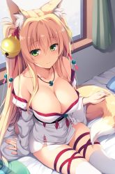 Rule 34 | 1girl, animal ear fluff, animal ears, bare shoulders, bell, blonde hair, breasts, cleavage, collarbone, commentary request, fox ears, fox girl, fox tail, from above, gradient hair, green eyes, highres, japanese clothes, jewelry, jingle bell, kimono, large breasts, long hair, long sleeves, looking at viewer, multicolored hair, necklace, off shoulder, on bed, original, panties, panty peek, short kimono, skindentation, smile, solo, tail, thigh strap, thighhighs, thighs, two side up, underwear, very long hair, white kimono, white thighhighs, wide sleeves, yuzu modoki