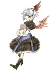 Rule 34 | 1girl, bad id, bad pixiv id, book, cervus, curiosities of lotus asia, female focus, full body, head wings, multicolored hair, short hair, simple background, solo, tokiko (touhou), touhou, white background, wings