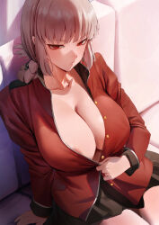 Rule 34 | 1girl, absurdres, areola slip, black skirt, braid, breasts, cleavage, collarbone, couch, fate/grand order, fate (series), florence nightingale (fate), highres, jacket, large breasts, looking at viewer, miniskirt, no bra, parted lips, pink hair, pleated skirt, red eyes, red jacket, rororo, sitting, skirt, solo, variant set
