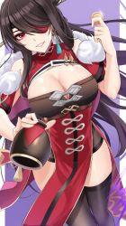 Rule 34 | 1girl, bare shoulders, beidou (genshin impact), black hair, black thighhighs, breasts, cleavage, cleavage cutout, clothing cutout, coin, dress, earrings, eyepatch, feet out of frame, fur trim, genshin impact, hair ornament, hairpin, highres, holding, holding jug, jewelry, jug (bottle), large breasts, lips, long hair, noise paper, off shoulder, one eye covered, parted lips, purple background, red dress, red eyes, smile, solo, standing, teeth, thighhighs