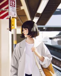 Rule 34 | 1girl, arm at side, arm up, black hair, commentary, day, fashion, jacket, lips, long sleeves, looking to the side, nose, original, outdoors, parted lips, photo-referenced, profile, red lips, shiro-hane, shirt, short hair, sleeve pushed up, solo, sunlight, train station, train station platform, translation request, white jacket, white shirt