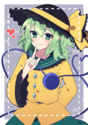 Rule 34 | 1girl, absurdres, black hat, blouse, blush, border, bow, buttons, closed mouth, cowboy shot, diamond button, eyeball, finger to own chin, frilled bow, frilled shirt collar, frilled sleeves, frills, green eyes, green skirt, hair between eyes, hat, hat bow, hat ribbon, heart, heart of string, highres, index finger raised, komeiji koishi, light green hair, long sleeves, looking at viewer, medium hair, outside border, ribbon, shirt, skirt, smile, solo, third eye, touhou, wavy hair, white border, wide sleeves, yellow bow, yellow ribbon, yellow shirt, yoriteruru