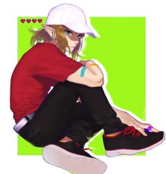 Rule 34 | 1boy, bandaid, bandaid on arm, bandaid on hand, baseball cap, belt, black footwear, black pants, blonde hair, blue eyes, earrings, expressionless, from side, full body, green background, grey belt, hat, heart, heart print, highres, ivy (sena0119), jewelry, knee up, link, looking at viewer, looking to the side, male focus, nintendo, outline, pants, pointy ears, ponytail, red shirt, shirt, shoes, sitting, solo, the legend of zelda, the legend of zelda: breath of the wild, white background, white hat, white outline