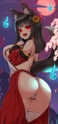 Rule 34 | 1girl, animal ears, ass, backlighting, black hair, blue fire, blunt bangs, breasts, chiroshiron, detached sleeves, fire, fox ears, fox girl, fox tail, from behind, full moon, fundoshi, hair ornament, hakama, hakama pants, highres, hitodama, japanese clothes, large breasts, long hair, looking at viewer, moon, moonlight, night, night sky, original, outdoors, pants, red eyes, red skirt, shade, skirt, sky, solo, tail, thighhighs, white thighhighs