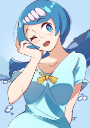 Rule 34 | 1girl, 34 (sanjushi), blue eyes, blue hair, blush, breasts, creatures (company), freckles, game freak, hair ornament, highres, lana&#039;s mother (pokemon), long hair, looking at viewer, mature female, nintendo, open mouth, pokemon, pokemon (anime), pokemon sm (anime), simple background, smile, solo