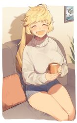 1girl ^_^ blonde_hair blush border breasts closed_eyes couch cup facing_viewer fangs genderswap genderswap_(mtf) granblue_fantasy grey_sweater highres holding holding_cup large_breasts long_hair long_sleeves mug open_mouth plant shadow short_shorts shorts sitting solo sweater turtleneck turtleneck_sweater umeda_shiso vane_(granblue_fantasy) white_border