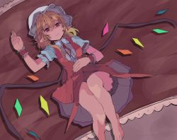 Rule 34 | 1girl, 3735geriragouki, arm at side, arm up, barefoot, blonde hair, bloomers, center frills, closed mouth, collared shirt, commentary, covered erect nipples, flandre scarlet, frills, hair between eyes, half-closed eyes, hand on own stomach, hat, hat ribbon, highres, knee up, lace-trimmed headwear, lace trim, legs together, looking at viewer, lying, mob cap, naughty face, neck ribbon, on back, one side up, outstretched hand, petticoat, pointy ears, puffy short sleeves, puffy sleeves, red eyes, red ribbon, red skirt, red vest, ribbon, shirt, short hair, short sleeves, sidelocks, skirt, skirt set, smile, solo, touhou, underwear, upskirt, vest, white hat, white shirt, wing collar, wings, wrist cuffs