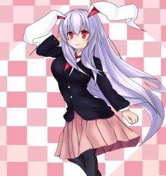 Rule 34 | 1girl, animal ears, black pantyhose, blazer, checkered background, jacket, long hair, necktie, pantyhose, pleated skirt, purple hair, rabbit ears, red eyes, reisen udongein inaba, skirt, smile, solo, sprout (33510539), touhou