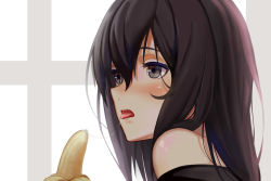Rule 34 | 1girl, absurdres, banana, bare shoulders, black eyes, black hair, blush, food, from side, fruit, highres, long hair, looking away, original, parted lips, saliva, saliva trail, sexually suggestive, solo, sonikey0 0, tongue, tongue out, upper body