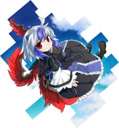Rule 34 | 1girl, blue hair, boots, byourou, cross-laced footwear, dress, female focus, head wings, horns, lace-up boots, multicolored hair, red eyes, short hair, silver hair, smile, solo, tokiko (touhou), touhou, two-tone hair, wings