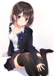 Rule 34 | 1girl, amagai tarou, arm support, black jacket, black skirt, black thighhighs, blazer, blue eyes, bow, bowtie, bra, breasts, brown hair, cleavage, collarbone, collared shirt, commentary request, hair ornament, highres, jacket, long sleeves, looking at viewer, medium breasts, miniskirt, no shoes, open clothes, open jacket, original, parted lips, school uniform, see-through, shadow, shirt, short hair, sidelocks, simple background, sitting, skirt, solo, sweat, thighhighs, twitter username, underwear, wet, wet clothes, wet shirt, white background, white shirt, x hair ornament