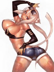 Rule 34 | 1girl, animal ears, arched back, areola slip, armpits, ass, back, bad anatomy, blue eyes, breasts, cameltoe, cat ears, cat girl, cat tail, cleavage, covered erect nipples, cowboy shot, dark-skinned female, dark skin, elbow gloves, eyewear on head, fang, fang out, female focus, fishnet thighhighs, fishnets, from behind, fumio (rsqkr), gloves, gold trim, hair between eyes, hand on own hip, kaiten muten-maru, large breasts, legs apart, lips, long hair, looking at viewer, looking back, midriff, navel, nipple slip, nipples, open m/, ponytail, realistic, shamu meruruusa, short shorts, short sleeves, shorts, sideboob, simple background, smile, solo, standing, stomach, sunglasses, tail, thighhighs, very long hair, white background, white hair