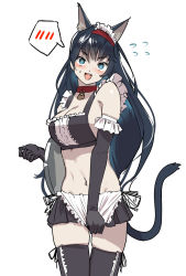 Rule 34 | 1girl, alternate costume, animal ears, apron, arknights, black gloves, black hair, black skirt, black thighhighs, blaze (arknights), blue eyes, blue hair, blush, breasts, cat ears, cat girl, cat tail, cleavage, collar, elbow gloves, flying sweatdrops, frills, gloves, gradient hair, hairband, highres, holding, holding tray, large breasts, long hair, looking at viewer, miniskirt, multicolored hair, navel, open mouth, pleated skirt, red collar, red hairband, satsuki neko, simple background, skindentation, skirt, solo, spoken blush, sweat, tail, thighhighs, tray, waist apron, white apron, white background