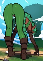 Rule 34 | 1girl, arrow (projectile), ass, bad id, bad pixiv id, bandeau, bent over, black gloves, boots, braid, brown footwear, carrot (nilsunna), cloud, commentary, dark-skinned female, dark skin, day, elf, english commentary, from behind, gloves, green eyes, green hair, green pants, leather, leather boots, leggings, long hair, original, outdoors, pants, pointy ears, solo, standing, strapless, sunna (nilsunna), tree, tube top, twin braids, very long hair
