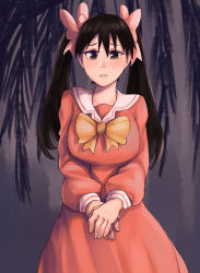 Rule 34 | 1girl, alternate costume, alternate hairstyle, azumanga daiou, black eyes, black hair, blush, bow, bowtie, collared dress, cowboy shot, dress, furrowed brow, hair bow, highres, long hair, long sleeves, looking at viewer, own hands together, parted lips, pink bow, red dress, sailor collar, sakaki (azumanga daioh), solo, twintails, uni (oni unicorn), yellow bow