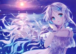 Rule 34 | 1girl, :d, absurdres, alternate costume, bare shoulders, blue eyes, blush, carnelian, cloud, cloudy sky, collarbone, dress, floating hair, highres, kantai collection, long hair, looking at viewer, ocean, open mouth, parted bangs, petals, silver hair, sky, smile, solo, sun, umikaze (kancolle), upper body, very long hair, white dress