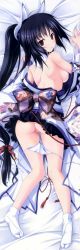 Rule 34 | 1girl, absurdres, ass, bed, bed sheet, black hair, blush, breasts, dakimakura (medium), feet, from above, from behind, full body, hapymaher, hasuno saki, highres, huge filesize, japanese clothes, kimono, kimono pull, legs, looking at viewer, looking back, lying, nipples, on bed, on stomach, panties, ponytail, red eyes, scan, side-tie panties, sideboob, solo, tabi, tsukimori hiro, underwear, untied, white panties