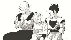 Rule 34 | +++, 10s, 1girl, 2boys, android 18, artist name, bare pectorals, black eyes, black hair, commentary request, crossed arms, dougi, dragon ball, dragon ball super, dragonball z, frown, greyscale, looking at another, looking away, monochrome, multiple boys, open mouth, pectorals, piccolo, pointy ears, serious, shaded face, short hair, simple background, sitting, sleeveless, smile, son gohan, sportswear, tama azusa hatsu, twitter username, white background, wristband