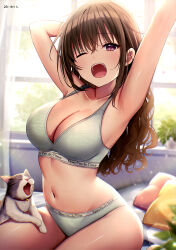 Rule 34 | absurdres, armpits, arms up, bare arms, bed, bed sheet, bell, blurry, blurry background, bra, brand name imitation, breasts, brown hair, calvin klein, cat, cleavage, collarbone, depth of field, grey bra, grey panties, highres, leaf, medium breasts, navel, neck bell, non-web source, open mouth, panties, pillow, plant, potted plant, purple eyes, sitting, stretching, u rin, underwear, underwear only, window, yawning