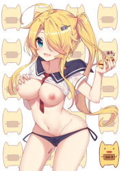 Rule 34 | 1girl, :3, :d, ahoge, arrow (symbol), ball, between breasts, black panties, black sailor collar, blonde hair, blue eyes, blush, breasts, clothes lift, commentary request, copyright request, fingernails, groin, hair ornament, hair over one eye, hand on own chest, hands up, highres, holding, long hair, looking at viewer, medium breasts, nail polish, navel, necktie, necktie between breasts, neps-l, nipples, no pants, open mouth, panties, panty pull, parted bangs, pink nails, red necktie, sailor collar, school uniform, serafuku, shirt, shirt lift, short sleeves, side-tie panties, sidelocks, smile, solo, translation request, twintails, underwear, white background, white shirt