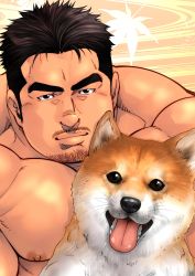 Rule 34 | 1boy, absurdres, animal, bara, black hair, dog, facial hair, goatee, highres, large pectorals, male focus, manly, muscular, nipples, original, pectorals, shiba inu, short hair, sideburns, solo, terujirou (masateruteru), textless version, thick eyebrows, tongue, tongue out, topless male, upper body